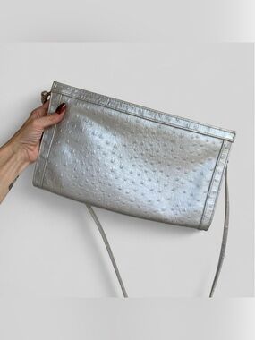 Bueno Metallic Silver Faux Ostrich Crossbody Bag Oversized Clutch